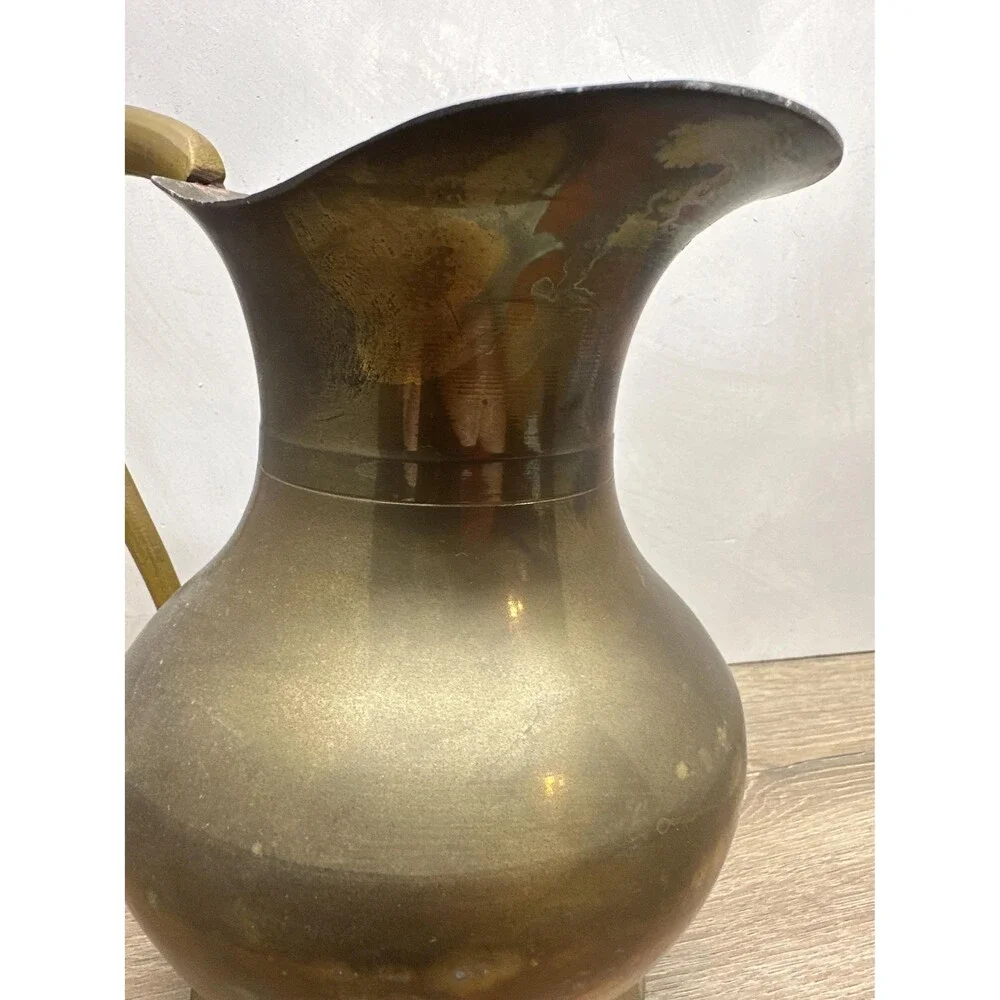 Vintage Aged Solid Brass Pitcher Cast Handle Patina Rustic Decor Vase